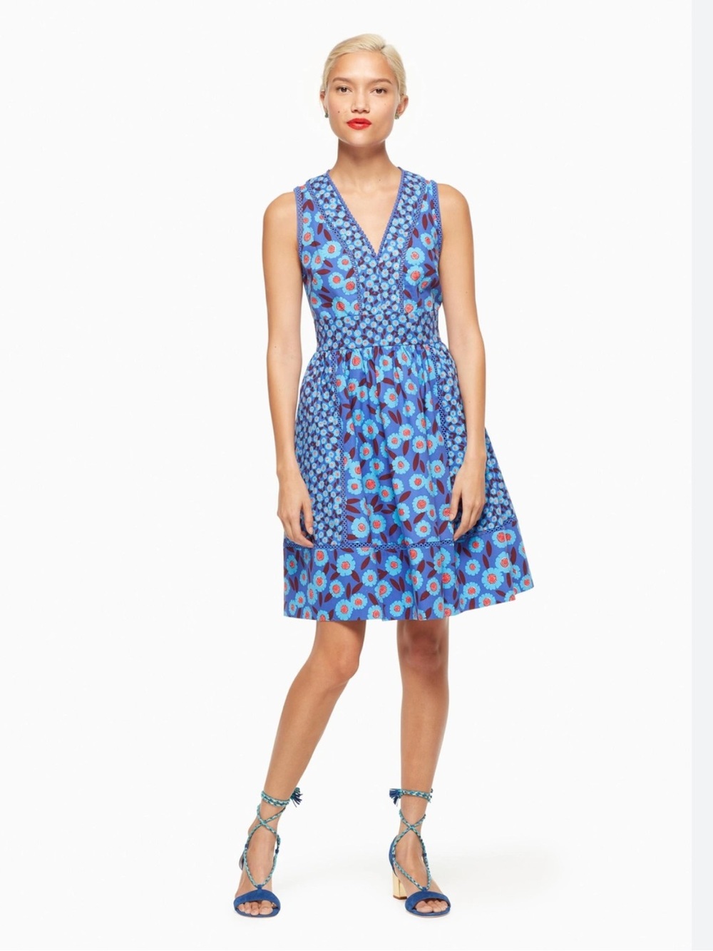 kate spade Bright Blue Floral V-Neck Fit-and-Flare Mini Dress